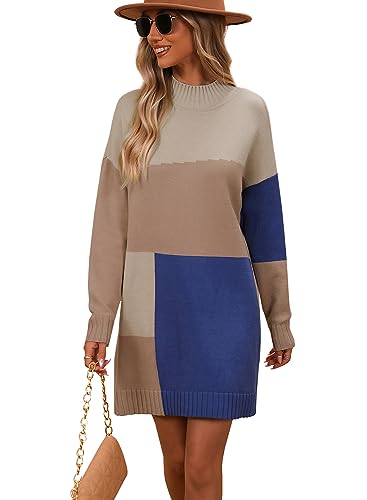 Image of yoeasy Women's Color Block Knit Tunic Sweater Dress Crew Neck Long Sleeve Mini Tunic Pullover Sweater
