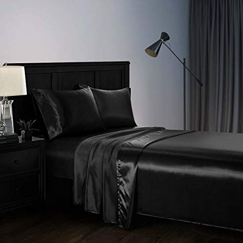 Homiest 4pcs Satin Sheets Set Luxury Silky Satin Bedding Set with Deep Pocket, 1 Fitted Sheet + 1 Flat Sheet + 2 Pillowcases (Queen Size, Black) - Thumbnail 5