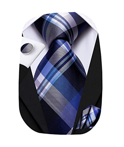 Hi-Tie Mens Plaid Ties Classic Paisley Necktie with Handkerchief Cufflinks Set Business Stripe Tie