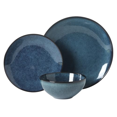 Image of Gibson Elite Castle Peak Plates and Bowls Set, 12-Piece Dinnerware Set, Blue Reactive Glaze Stoneware Dishes, Dinner Plates, Salad Plates & Cereal Bowls