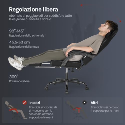 Sedia Gaming con Massaggio, Sedia da Ufficio Ergonomica Girevole Ampia Imbottita per Computer con Cuscino Lombare Massaggiante, Carico 150 Kg, Tessuto Tecnologico, Nero+Bianco - Sedia gaming - Immagine 5