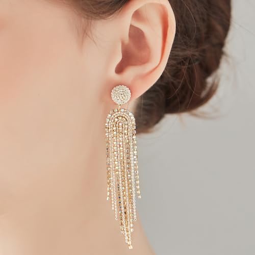 Elegant Long Rhinestone Tassel Dangle Earrings for Women | 14K Gold Plated Chain Drop Earrings with 925 Sterling Silver Posts and Sparkling Cubic Zirconia - Statement Jewelry for Weddings2