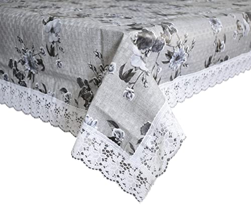 Image of Kuber Industries Flower Printed PVC 4 Seater Center Table Cover Protector With White Lace Border 40 inchx60 inch (Grey)