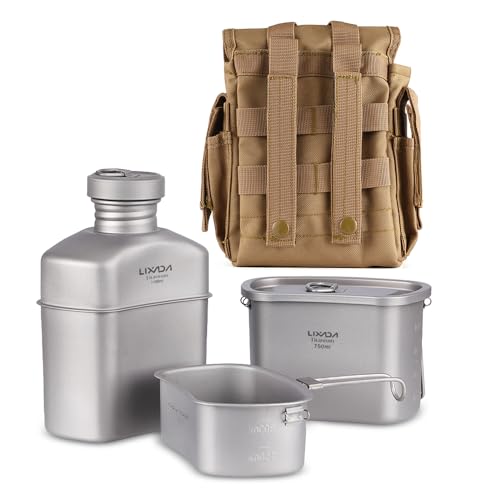 Lixada Titanium Canteen Military Mess Kit 1100ml 37oz Capacity with 750ml + 400ml Cookware Cups + Nylon Pouch, Portable Lightweight Outdoor Cooking Set for Camping Hiking Backpacking Picnic