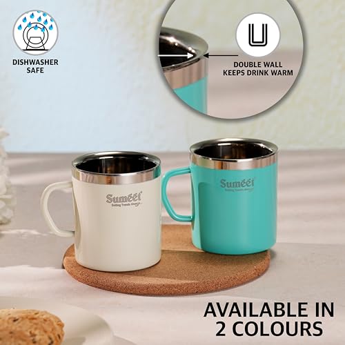 Image of Sumeet Stainless Steel Coloured Double Wall Tea /Milk /Coffee Mug Set of 4Pc - 300ml - Ivory