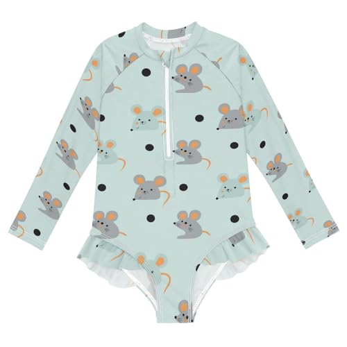 Mouse Pattern with Circles Girls Rash Guard Swimsuits Long Sleeve One Pieces Bathing Suit UPF 50+ Zipper Swimwear