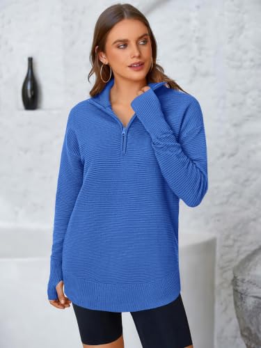 Image of PRETTYGARDEN Womens Long Sleeve Quarter Zip Pullover Sweater | Casual Loose V Neck Sweaters with Thumb Hole, Collared Ribbed Knit Jumper Tops, Oversized Tunic Tops, Fall Outfits 2026