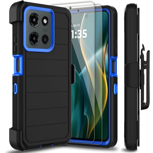 Leptech for Motorola Moto G 2025/2026 Case with 2 Pack Tempered Glass Screen Protector, [Holster Series] Kickstand Belt Clip Shockproof Protective Phone Case for Moto G Play 2026 (Black/Blue)