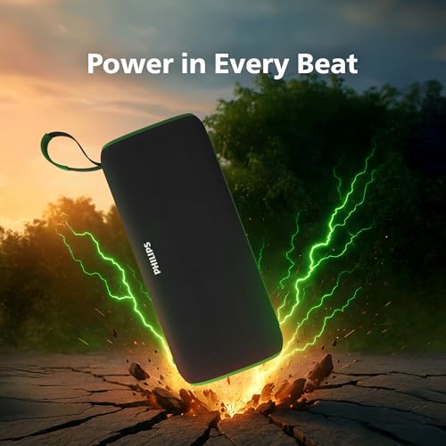 Image of PHILIPS Audio TAS2400GR Portable Bluetooth Speaker with Stereo Sound, 32W RMS, 2400mAh Rechargeable Battery, BT v5.3 Connectivity, IPX4 Waterproof, Supports TF /USB /BT Modes with Hanging Strap (Green)