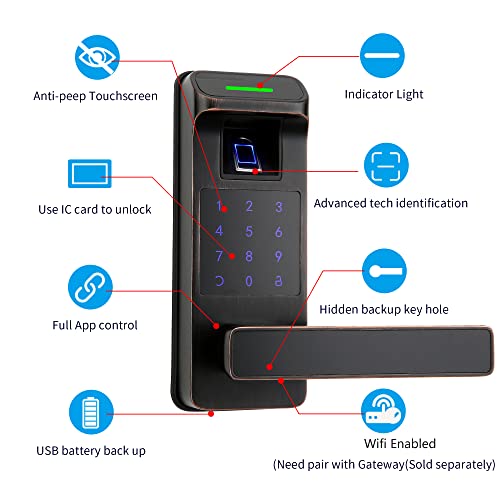 Fingerprint Keyless Entry 5 In 1 Smart Door Lock With Touchscreen Keypad With Reversible Handle, Keypad Door Electronic Digital Lock (Aged Bronze) #TOP1