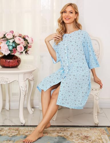 Image of Bloggerlove House Dress Women Cotton Snap Front Nightgown 3 /4 Sleeve Housecoat Duster Robe with Pockets Moomoo Patio Dress