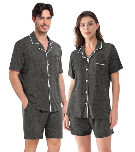 Couples Pajama Set Women & Men Modal Short Sleeve Set Top and Shorts Sleepwear Button-Down Pjs, Dark Grey-XXXL