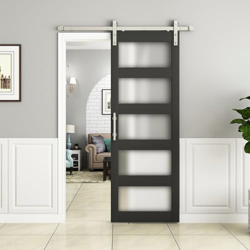 BARNSMITH 30in x 84in Glass Barn Door with 5FT Nickle Sliding Door Hardware Included, 5-Panel...