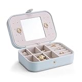 Vlando Small Travel Jewelry Box Organizer - Faux Leather Display Storage Case for Necklaces Earrings Rings, Pale Blue