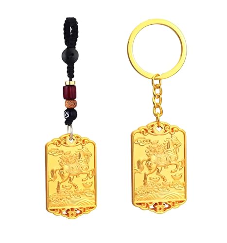 ZENRUIMING Chinesisches Glückspferd-Schlüsselanhänger-Set, Feng Shui, Glücksbringer, Reichtum und Erfolg, goldfarben, galoppierendes Pferd mit Barren, Schlüsselanhänger und hängendem Ornament für Auto
