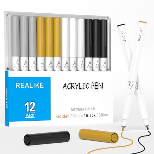 REALIKE Acrylic Paint Markers for Cricut Maker 4/ Maker 3/Maker/Explore 3/Air 2/Air Black White Silver Gold Acrylic Paint Pens for Rocks Paper Wood Canvas Glass Ceramic Fabric (1.0 Tip)