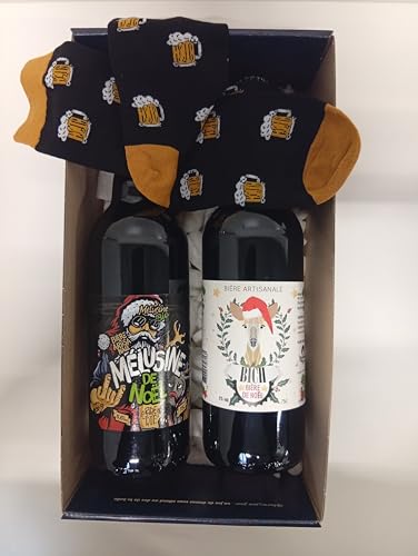 Caja de lúpulo y calcetines 1 par 39/45 + 1 cerveza navideña 75cl BICH y 1 cerveza navideña mélusine 75cl.