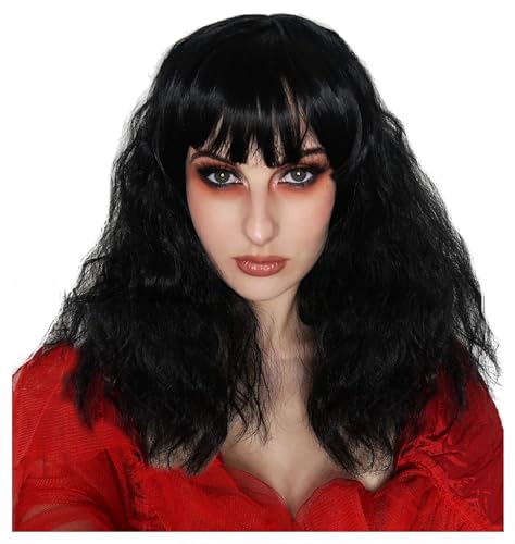 Image of ALLAURA Wigs Beetle Bride Black Bob Wig - Lydia Wavy with Bangs for Gothic Witch Cosplay - Compatible with Lydia Deetz Wig