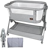 Twinly - Cuna Colecho bebé Minicuna Viaje portátil, fácil Plegado Compacto Altura Ajustable 5 Posiciones, Nacimiento 0+ hasta 6 Meses Comfortly – Bolsa Transporte, colchón, Cesta, sin Montaje (Gris)