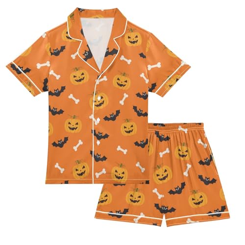 Satin Pajama Sets Short Sleeve Halloween Pumpkins Bats Bones Button Down Silky Nightwear 2 Piece PJS 5-14Y