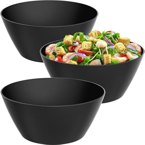 VnkloMes 10 inch Bowls for Salad, Large Black Salad Serving Bowl 118 oz, Bamboo Fiber Salad Bowls Set of 3, Microwave and Dishwasher Safe, Great for Salad, Fruits, Vegetables and Pasta, BPA Free Cover