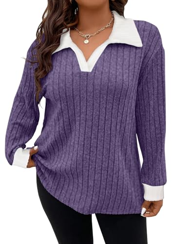 Image of Koscacy Women Plus Size Casual Knit Sweater Lapel V Neck Solid Color Tops Lightweight Long Sleeve Blouses