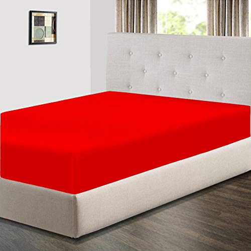 Plain Dyed Cotton Blended Fitted Sheet Bed Sheets For Mattress With And Matching Pillow Cases (RED, DOUBLE)