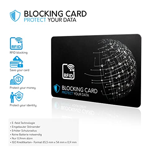 DEKRA geprüfte RFID Blocker Karte I Neuste E-Field Störsender-Technologie - zum Schutz vor Datendiebstahl I extra dünne Karte mit 0,8 mm für jede Geldbörse I Kartenschutz I NFC Schutz (1)