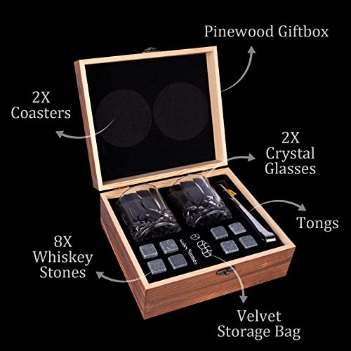 Whiskey Stones and Glass Gift Set for Men, KAQ 2 Whisky Glasses and 8 Natural Whiskey Stones in a Exquisite Wooden Box, Christmas/Thanksgiving/Father's Day/Birthday Gift for Family and Friends