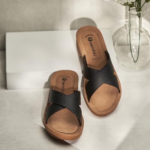 Image of AEROBLU Cushion Comfort Mid Heel Slippers for Women | Classic Cross Strap Design | Comfortable Padded Footbed | Anti-Skid & Durable Heel Slippers for Girls | Ideal for Party, Ethnic and Daily wear
