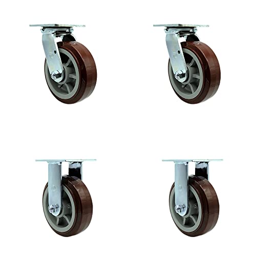 Polyurethane Swivel Top Plate Casters Set of 4 Heavy Duty with 6 Inch Wheels - Includes 2 Swivel and 2 Rigid – 3,600 lbs. Total Capacity - Service Caster Brand