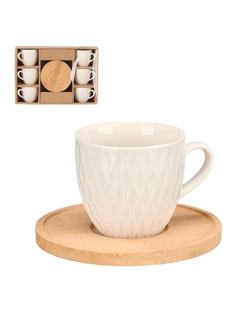 Conjunto 6 Xícaras Porcelana Branca 80ml com Pires de Bambu Café Chá Espresso Relevo