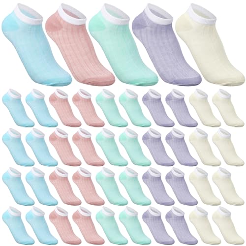 Tarpop 50 Pairs Ankle Socks for Women Size 6-9 Low Cut Thin for Women Size 6-9 Striped Textured Polyester No Show Socks Breathable Pastel Color Women's, 5 Colors