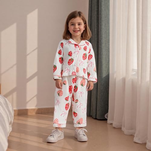 Kuriozud Toddler Baby Girl Pajamas Button Down Strawberry/Bow Top And Pants Cotton Linen Sleepwear Little Kids Girls Pajamas2