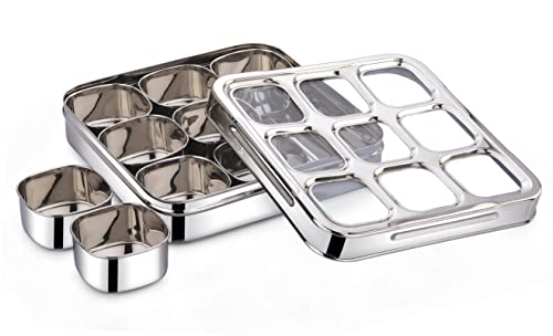 Image of Expresso 9 Square Stainless Steel Spice Box, Organiser with 9 Compartment, Popula Dabba, Square Masala Dani for Kitchen, Rust Resistant See-Through Lid with Unbreakable Acrylic Sheet, Design, Silver