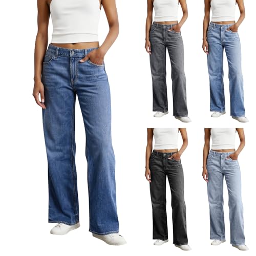 Women Jeans Trendy Wide Leg Stretchy Jeans High Waist Straight Leg Jean Mom Loose Cinch Baggy Jean with Pockets Boyfriend Cute Denim Pants Flare Baggy Palazzo Pants Cowgirl Outfits Prison Blues