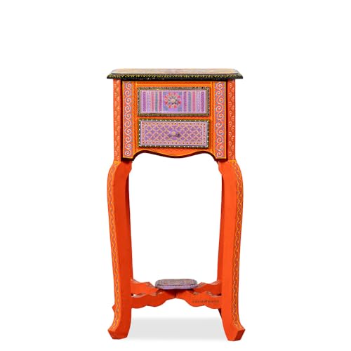 Image of Wooden Bedside Table for Bedroom | 2 Drawer Side Table | Handpainted Rajasthani Chest of Drawers | Solid Wood Small Bedside Table with Drawer Storage for Living Room & Home (Handpainted)
