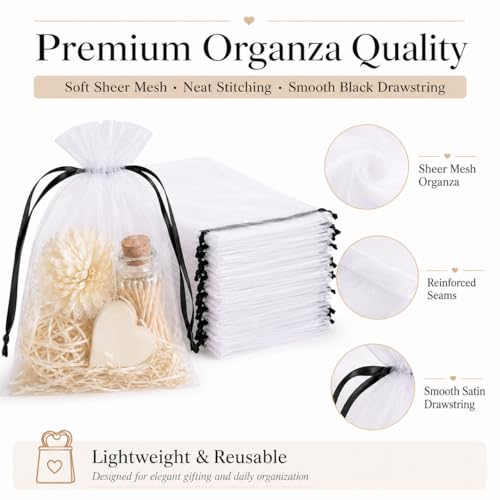 Image of Hopttreely White Organza Bags with Black Drawstring, 5x7 Inch 50 Pack Sheer Mesh Gift & Favor Bags for Party Wedding, Christmas, Sachet, Small Business, Fruit Protection Netting