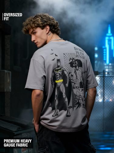 Image of The Souled Store Batman: to The Rescue Men and Boys Short Sleeves Round Neck Grey Graphic Printed Cotton Oversized T-Shirts