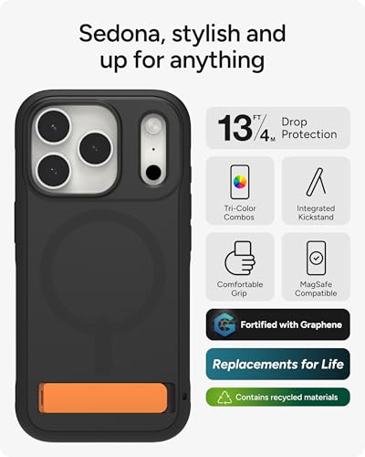 Image of ZAGG Sedona Snap Case with Kickstand for iPhone 17 Pro - Flood Black, Drop Protection (13ft /4m), Multi-Layer Protection, with Camera Button, MagSafe Phone Case with Impact-Absorbing Bumpers