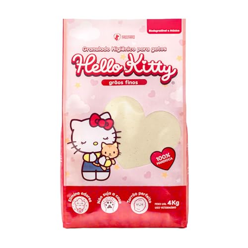 FreeFaro - Areia Higiênica Hello Kitty Grãos Finos 4 kg | Granulado de Mandioca 100% Natural | Biodegradável | Torrão Firme | Gatos
