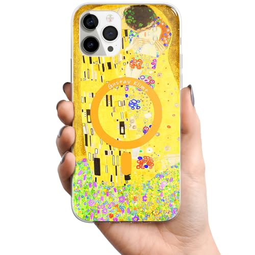 Berkin Arts Compatibile con Custodia per iPhone 15 Pro Max Cover Chiaro Trasparente [Compatibile con MagSafe], Fioritura leggera gialla (Gustav Klimt-Il Bacio)