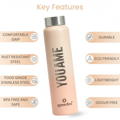 Image of Speedex Customised Engraved Name Stainless Steel Water Bottle 1 Ltr - Personalised Screw Cap Bottle for Kids, Men & Women, School, Office, Gym, Peach Orange, Set of 1