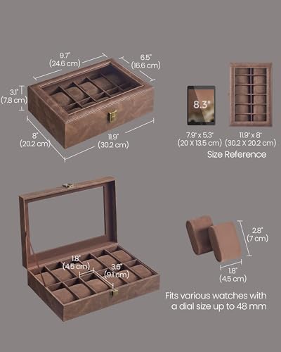 Image of SONGMICS Watch Box, 12-Slot Watch Case Organizer with Large Glass Lid, Removable Pillows, Gift for Loved Ones, Coffee Brown Synthetic Leather, Coffee Brown Lining UJWB120KQ01S
