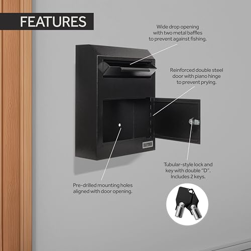 Image of Durabox Drop Box Deposit Safe 12 x 4 x 15 inch Heavy Duty Steel Wall Mount Mailbox for Mail, Letters, Checks, Keys, Cash and more for Home, Office & Commercial Use (W500) (Black)