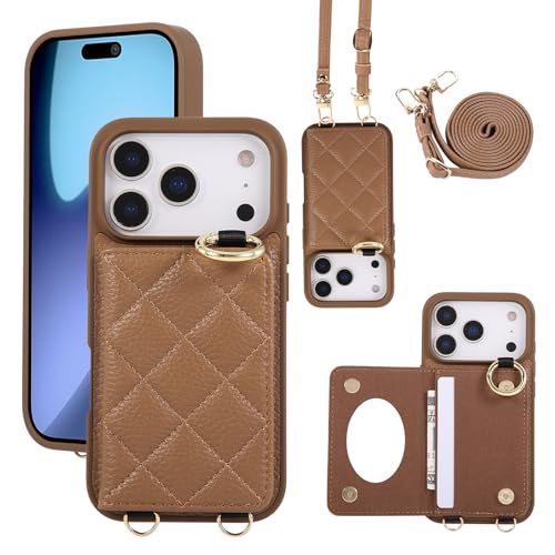 Étui iPhone 17 Pro marron anti-chute avec miroir compact de maquillage