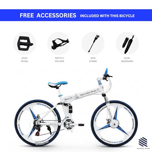 Image of QUESEC Merceds Benz Folding Gear Cycle for Adults 26 Inch 21 Speed Mountain Bike with Dual Suspension, Dual Disc Brake, Alloy Wheels, Foldable Bicycle for Boys Girls Daily Commute Fitness Ride White