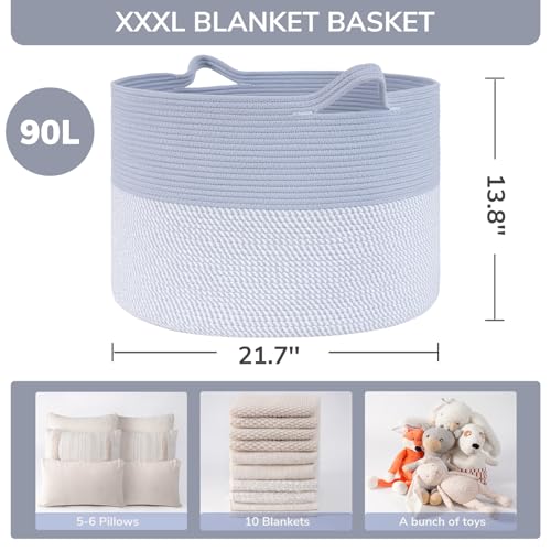 Image of INDRESSME Large Rope Baskets - Organizing Storage, 21.7 x 13.8 Inch, Living Room, Kids, Decorative Nursery, Laundry, Towel, Gift Basket, Blue