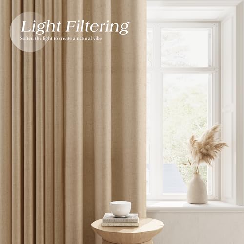 Image of Sand Beige Linen Curtains 84 Inches Long for Living Room Grommet Top Design Light Filtering Breathable Sheer Curtain Modern Farmhouse Semi Sheer Privacy Drapes for Bedroom Dining Room 52X84, 2 Panel