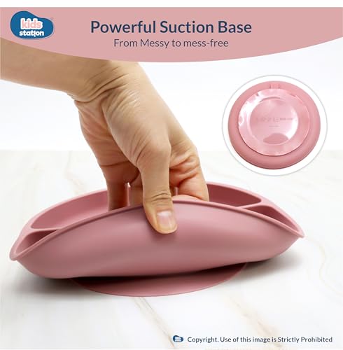 Image of Kids Station 3 Piece BPA-Free Silicone Baby Feeding Set - Baby Plate - Spoon and Bowl - Make Mealtime Fun - Microwave Safe - Unbreakable Eco-Friendly - Organic & Natural (Plate (Set of 3), Pink)